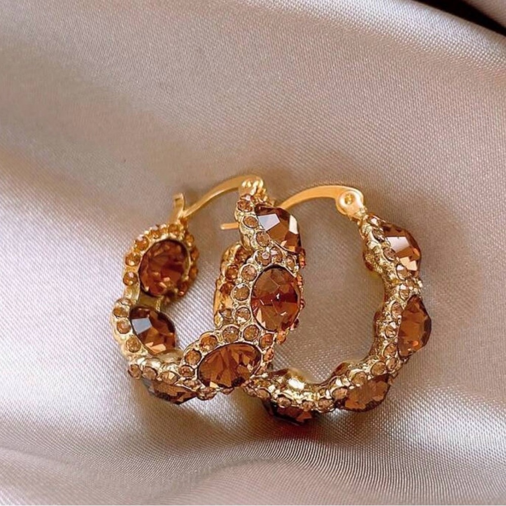 Luxurious Gold and Brown Crystal Hoop Earrings